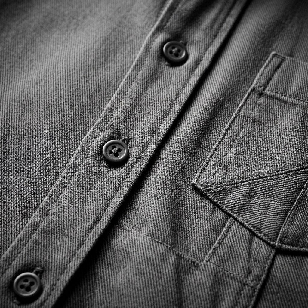 Close-up of a shirt placket, buttons and panelled pocket edge