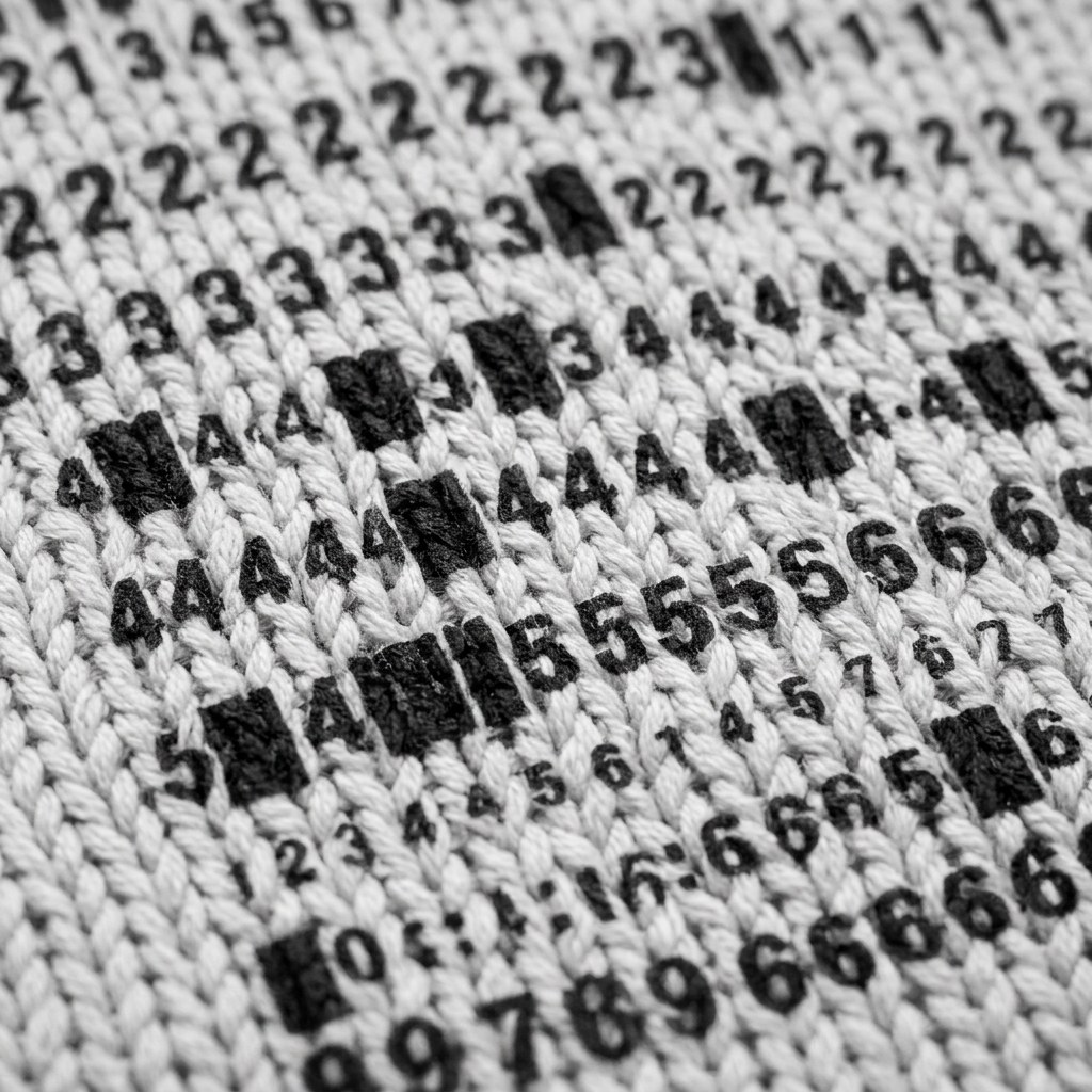 Close-up of a printed numeric grid on chunky knitted cotton