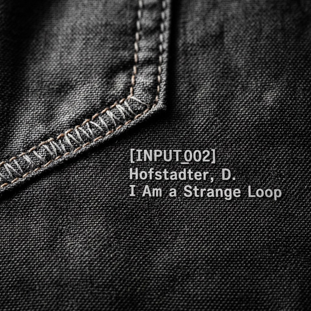 Close-up of a pocket corner with contrast overlock stitching and printed input text